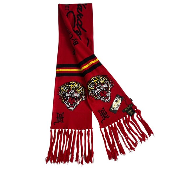 Ed Hardy By Christian Audigier NWT Red Scarf Tiger Designer Fringes Tattoo Logo - Picture 3 of 7